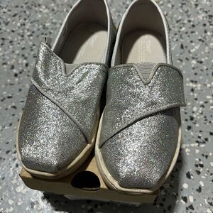 Toms Silver Glitter Slippers with Crossover Design